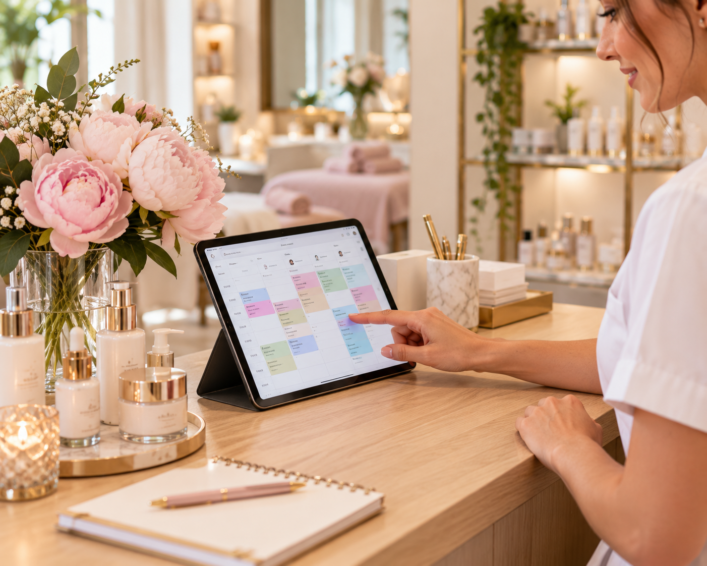 Reception di un centro estetico con l'agenda su tablet